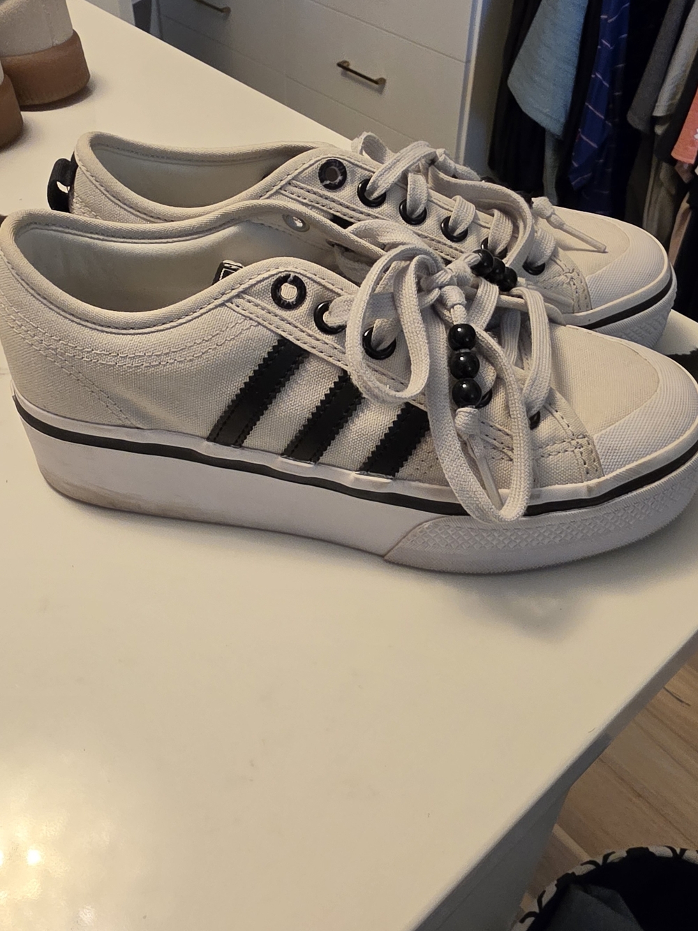 Adidas Women's White Canvas Platform Sneakers with Black Stripes